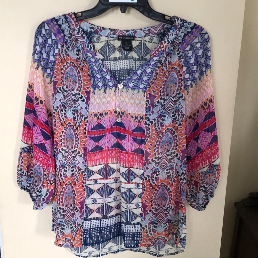 New Directions multicolored semi sheer 3/4 sleeve blouse size small